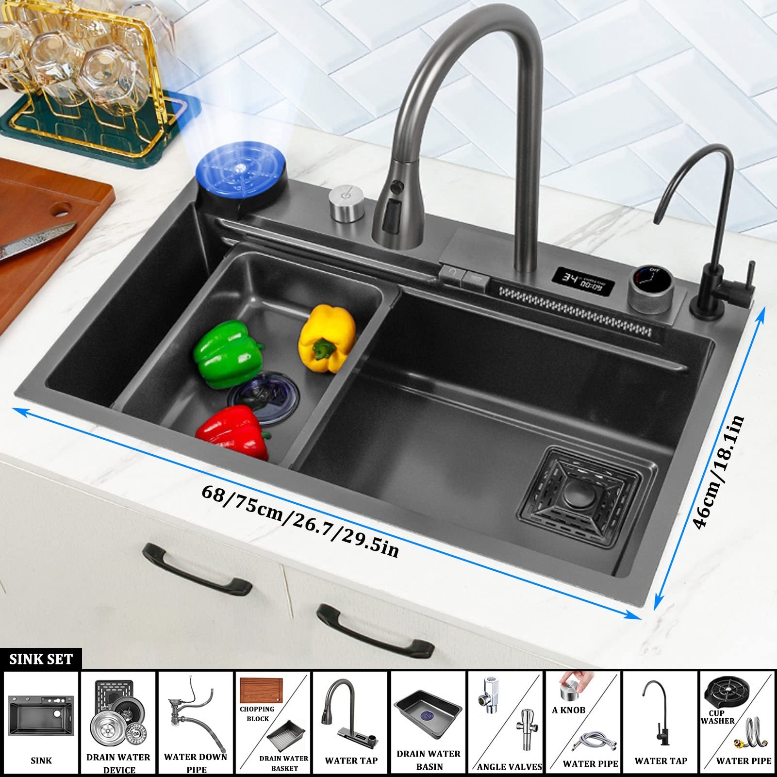 mizuさん Muiceon 33 Inch Black-Grey Nano Kitchen Sink with Smart